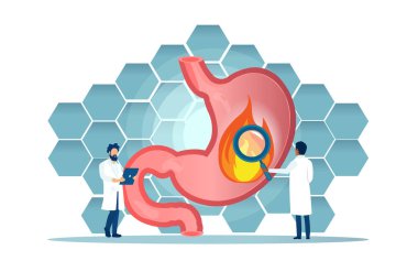 Mide ekşimesi veya mide ülseri teşhisi koyan doktorların vektörü.