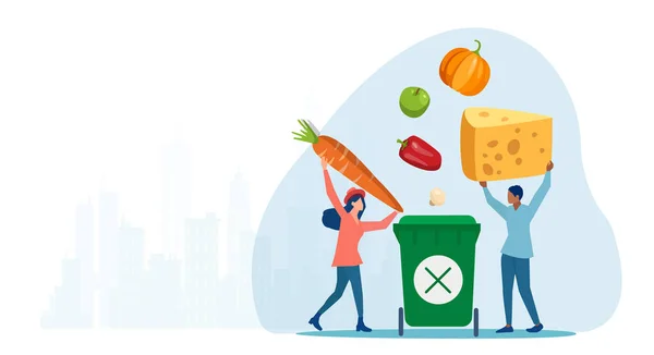 Food Loss Waste Vector Man Woman Throwing Away Food — Vector de stock