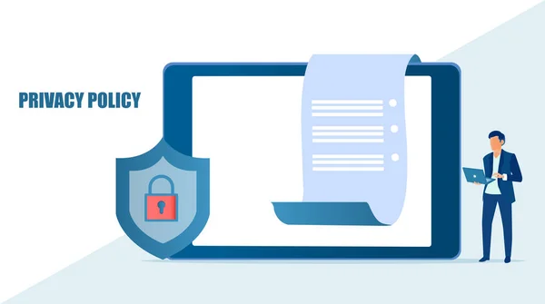 Vector Empresario Que Revisa Política Privacidad Documentos Línea — Archivo Imágenes Vectoriales