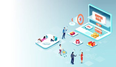 Süper satış sırasında online alışveriş yapan insanların vektörü 