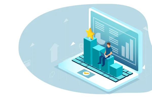 Vecteur Homme Aide Ordinateur Portable Analyse Des Données Financières Notation — Image vectorielle