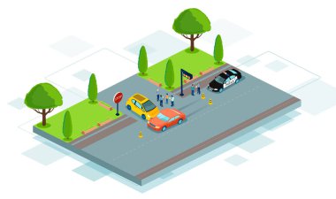 Vector of a road collision at street intersection with two cars involved in traffic accident and police vehicle 