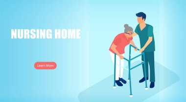 Isometric vector of a nursing home with a male nurse assisting elderly woman