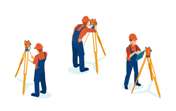 Isometric Vector Professional Engineer Surveyor Takes Measures Level Theodolite Tripod — 图库矢量图片