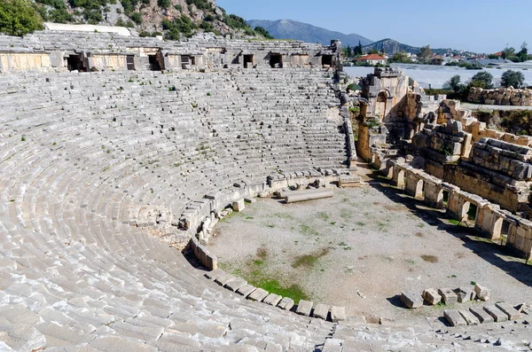 Ruins of Amphitheatre in ancient Lycian and further Greek-Roman city Myra. Modern Demre city, Antalya region, Turkey