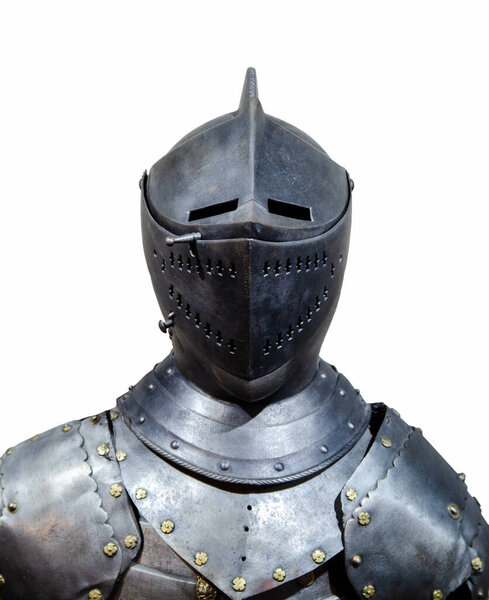 Front view on armour of the medieval knight isolated on white background