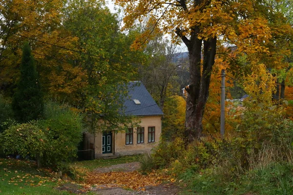 Casa Romântica Meio Paisagem Outono Árvores Com Folhas Coloridas Caminho — Fotografia de Stock