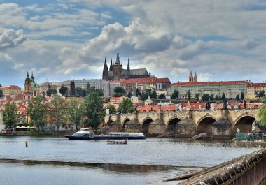Prague Castle with Charles Bridge, Prague Old Town, blue sky with clouds
