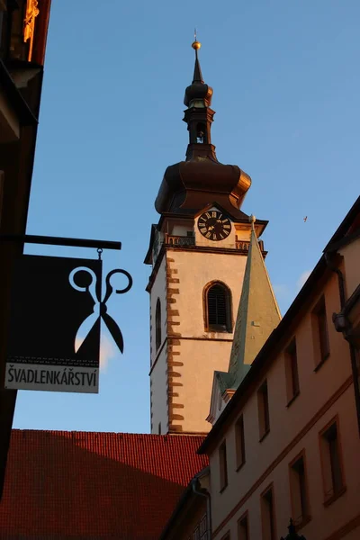 Church Tower Detail Sign Scissors Town Pisek — Stockfoto