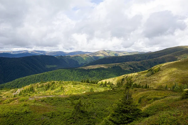 Gyönyörű Kilátás Nyílik Fák Zöld Dombok Hegyek Háttér Fehér Felhők — Stock Fotó