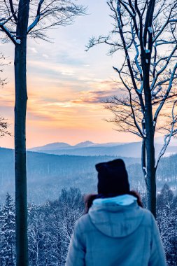 Karlı bir manzaraya bakan bir kadın. Ufukta bir kale var..