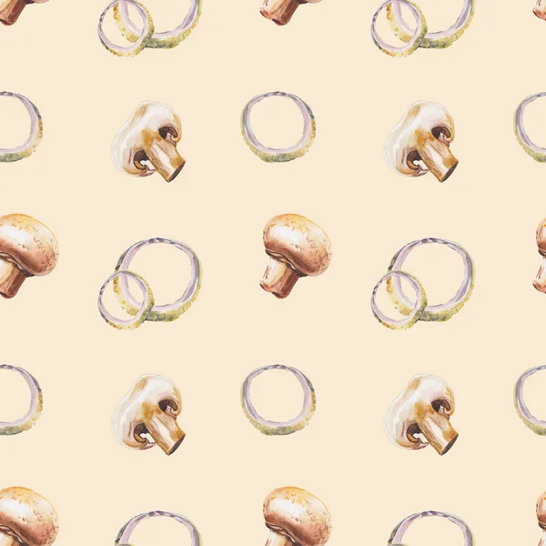 Watercolor onion rings and champignon pattern — Stock Photo, Image