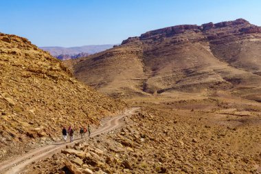 Petra, Ürdün - 24 Ekim 2021: Güney Ürdün 'de yerel halk ve bir eşek ile çöl manzarası