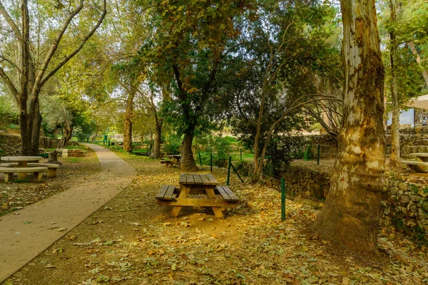 Blick Auf Einen Picknickplatz Mit Bäumen Herbstlaub Und Dem Kesalon — Stockfoto