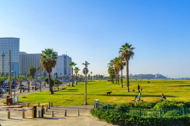 Tel Aviv, İsrail - 23 Kasım 2021: Otel binaları, eski Jaffa, yerli halk ve ziyaretçilerle Charles Clore Park 'ın manzarası. Şimdi Tel Aviv-Yafo, İsrail