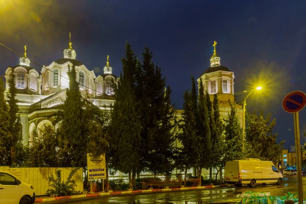 以色列耶路撒冷 2021年11月19日 位于以色列耶路撒冷的俄罗斯东正教圣三一主教座堂的夜景 — 图库照片