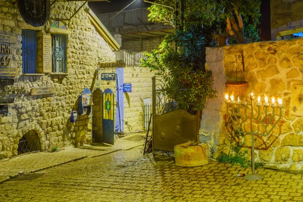 Safed Israel December 2021 View Alley Jewish Quarter Menorah Hanukkah — Stock Photo, Image