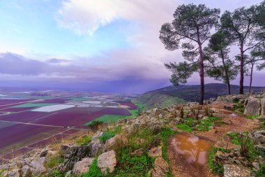 Gilboa Tepesi 'nin bir parçası olan Shaul Dağı' ndan Jezreel Vadisi 'nin kış manzarası. Kuzey İsrail