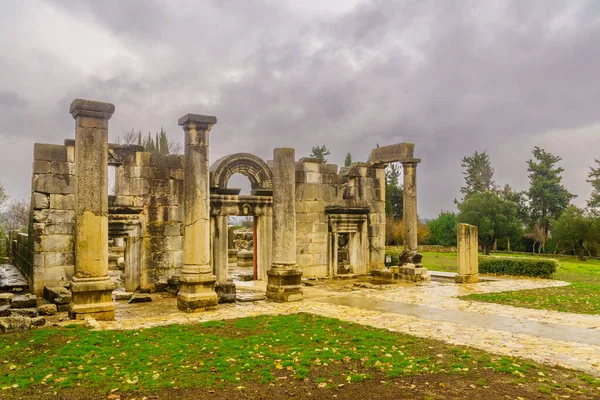 Vista Las Antiguas Ruinas Sinagoga Baram Ahora Parque Nacional Día — Foto de Stock