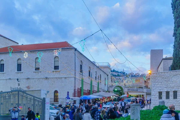 Nazareth Israel December 2021 View Street Decorated Christmas Lights Crowd — Stock Photo, Image