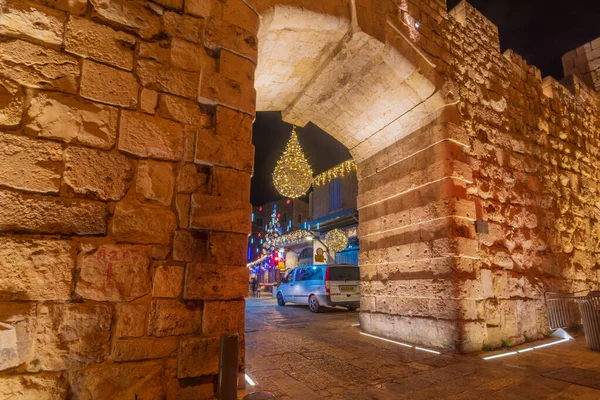 Kudüs Srail Aralık 2021 Eski Şehir Duvarlarındaki Yeni Kapı Sahnesi — Stok fotoğraf