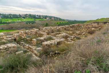 Tel Gezer Ulusal Parkı 'ndaki antik harabelerin ve kırsal alanların manzarası, İsrail' in orta kesimindeki Judaean Dağları 'nın eteklerindedir.
