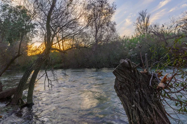 Solnedgången Beskådar Beskärningspunkten Jordanfloden Var Bäckarna Hasbani Dan Och Banias — Stockfoto
