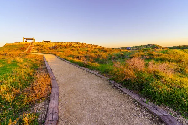 Vista Del Atardecer Las Ruinas Del Palacio Tel Lachish Desierto — Foto de Stock