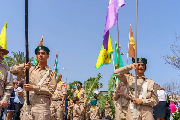 Haifa Israel Abril 2022 Portadores Bandeira Escoteira Outros Participam Desfile — Fotografia de Stock