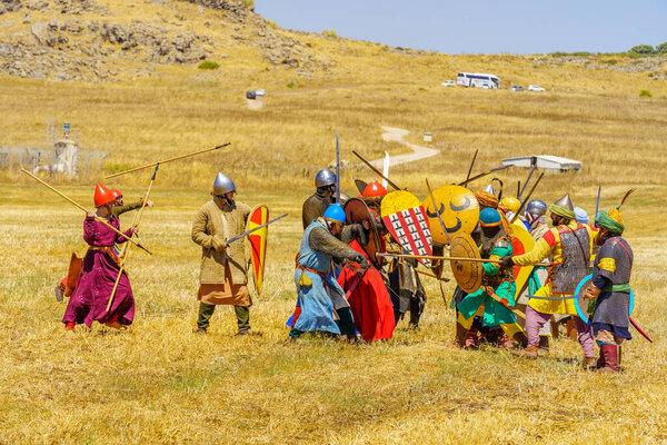 Lavi, Israel - July 01, 2022: Reenactment of the 1187 Battle of the Horns of Hattin (Ayyubid sultan Saladin defeated the crusaders): Infantry fight. Horns of Hattin, Israel