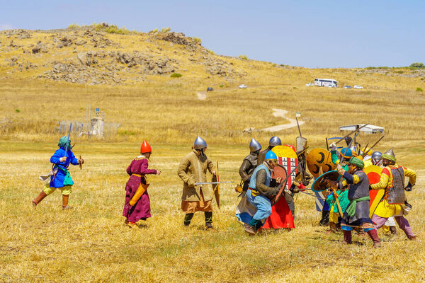 Lavi, Israel - July 01, 2022: Reenactment of the 1187 Battle of the Horns of Hattin (Ayyubid sultan Saladin defeated the crusaders): Infantry fight. Horns of Hattin, Israel