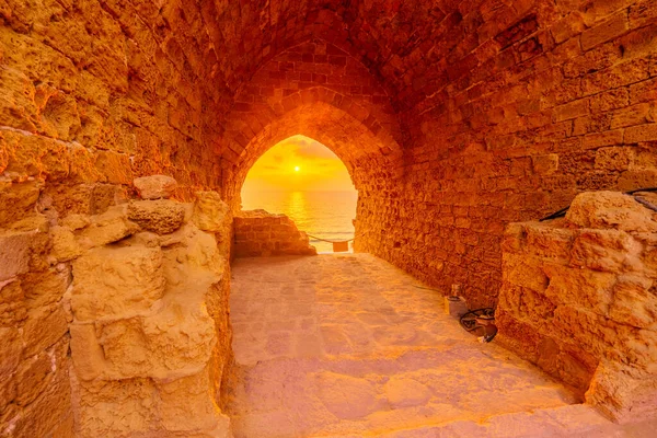 Sunset view of an ancient room in the crusader fortress, Apollonia National Park, Herzliya, central Israel