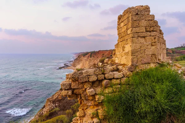 Sunset View Crusader Fortress Mediterranean Sea Coast Apollonia National Park — Stock Photo, Image