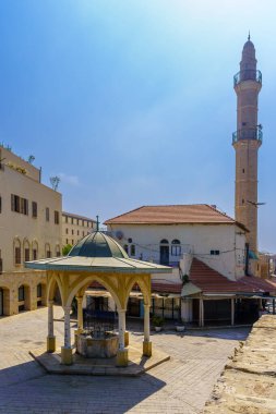 View of the Sebil Abu-Nabut B, an ottoman drinking fountain, the Mahmoudiya Mosque, and its minaret, in Old Jaffa, now part of Tel-Aviv-Yafo, Israel