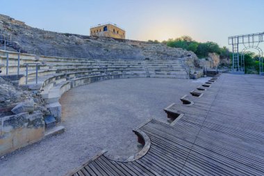 View of the ancient Roman Theater, with the Crusader castle, in Tzipori National Park, Northern Israel