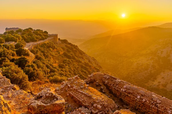 Sunset View Medieval Nimrod Fortress Nearby Landscape Golan Heights Northern — Foto de Stock