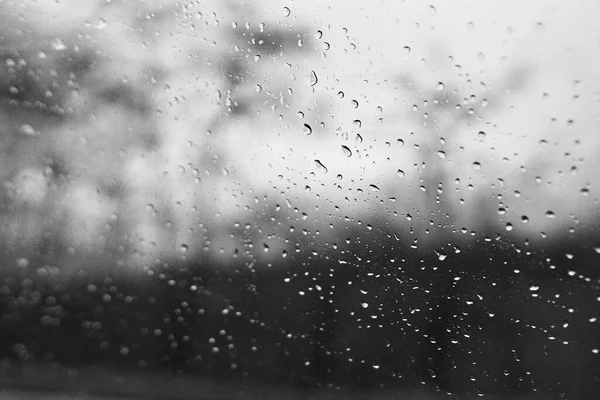 Gotas Lluvia Vidrio Ventana Con Fondo Borroso Blanco Negro — Foto de Stock