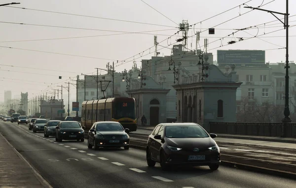 Warsaw Poland 2022 Car Traffic Trams Run Middle Highway — 스톡 사진