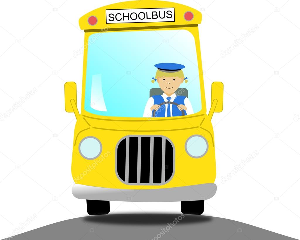 Female school bus driver in a yellow school bus — Stock Vector