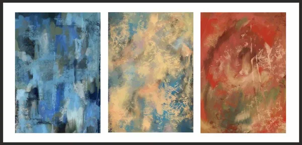 Een set van drie schilderijen. Abstract kunst olieverf doek schilderen complex heldere kleuren textuur achtergrond. — Stockvector