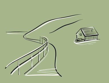 İllüzyon. Dağ ve ev. Doğrusal tarzda bir çizim.