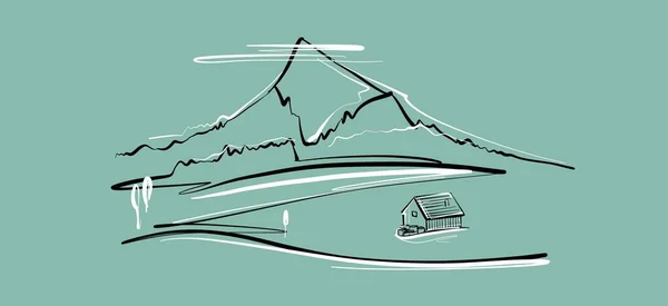 Illustratie. Berg en huis. Een schets in een lineaire stijl. — Stockvector