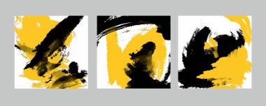Modern Japon tarzında bir dizi soyut minimalist resim, geniş ve kalın fırça darbeleri. Beyaz arka planda sarı ile siyah.