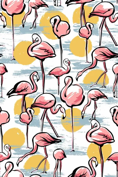 Seamless pattern. Pink flamingo at sunset in the water, white background. Sketch by hand. Stylish fashion pattern.
