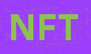 Blockchain 'in arka planında NFT harfleri var. Pankart. Arkaplan yatay.