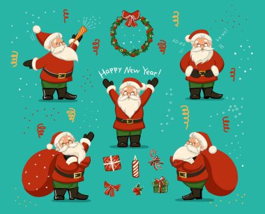 Noel temalı büyük bir set. Noel Baba, hediyeler, kar.