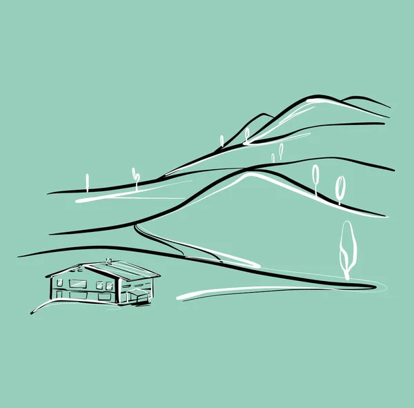 Illustration. Une chaîne de montagnes et une maison. Un croquis dans un style linéaire. — Image vectorielle