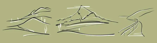 Des montagnes. Un ensemble d'illustrations dans un style linéaire, un croquis. — Image vectorielle