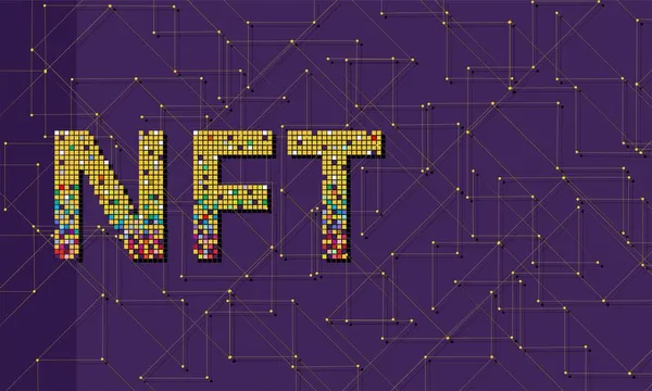 Písmena NFT na pozadí blockchain. Banner. Pozadí je vodorovné. — Stockový vektor