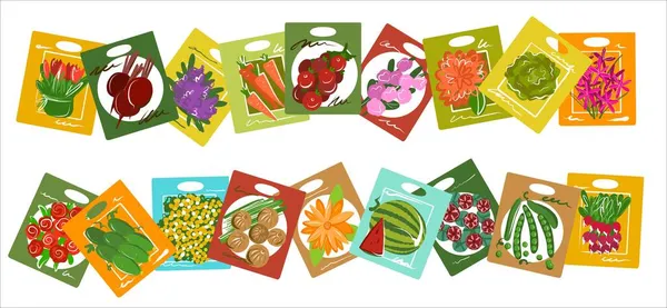 Zaden in zakjes bloemen en groenten in een felgekleurde stijl. Op een rij zijn er pakketten met zaden voor het maken van frames en het inlijsten van banners. Wat de voorjaarsplantage betreft. — Stockvector